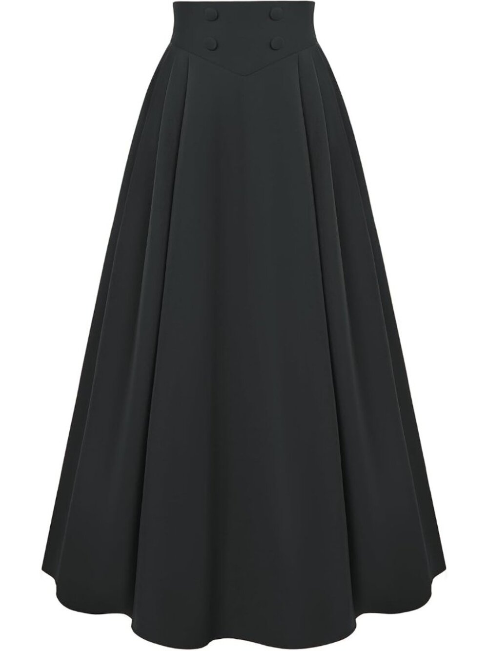 Women's Black Side Pleats Back Elastic Waistband Side Zipper Maxi A Line Skirt